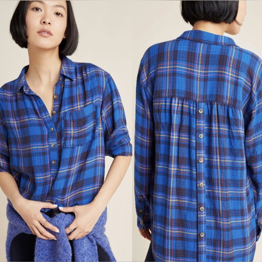 Anthropologie Isadora Button-Back Tunic Blue Plaid Women’s S Long Sleeve Top